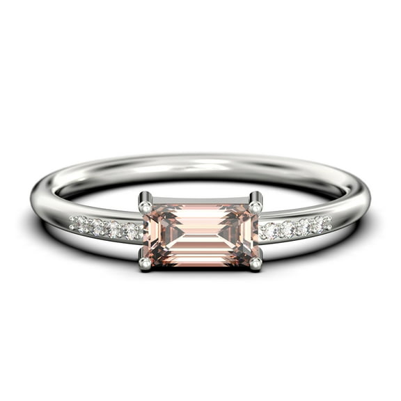 Beautiful Minimalist 0.95 Carat Emerald Cut Morganite And Diamond Moissanite Engagement Ring, Wedding Ring in 925 Sterling Silver With 18k White Gold Plating, Gift For Her, Girlfriend, Promise Ring