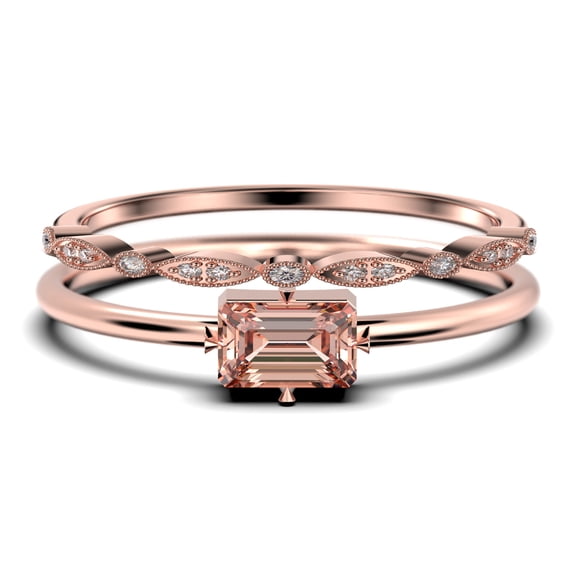 Beautiful Minimalist 1.20 Carat Baguette Cut Morganite And Diamond Moissanite Engagement Ring, Classic Wedding Ring in 925 Sterling Silver With 18k Rose Gold Plating, Bridal Set, Matching Band