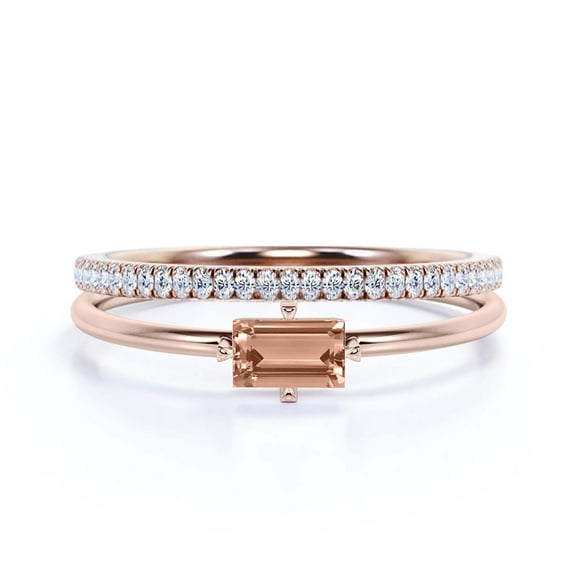 Beautiful Minimalist 1.20 Carat Baguette Cut Morganite And Diamond Moissanite Engagement Ring, Classic Wedding Ring in 925 Sterling Silver With 18k Rose Gold Plating, Bridal Set, Matching Band