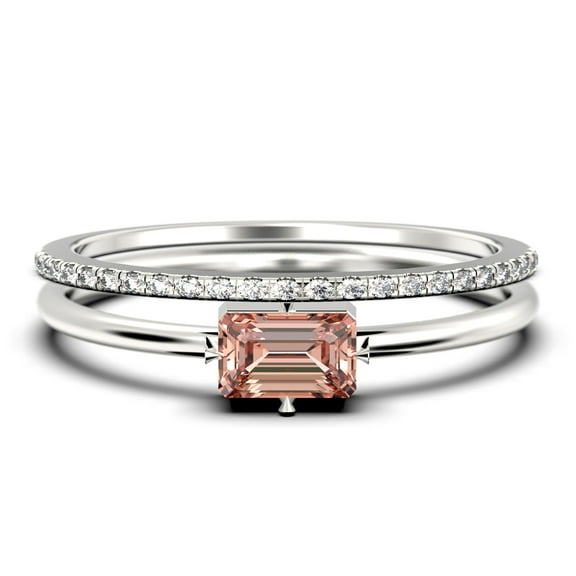 Beautiful Minimalist 1.20 Carat Baguette Cut Morganite And Diamond Moissanite Engagement Ring, Classic Wedding Ring in 925 Sterling Silver With 18k White Gold Plating, Bridal Set, Matching Band