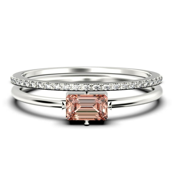 Beautiful Minimalist 1.20 Carat Baguette Cut Morganite And Diamond Moissanite Engagement Ring, Classic Wedding Ring in10k Solid White Gold, Gift For Her, Anniversary Ring, Bridal Set, Matching Band