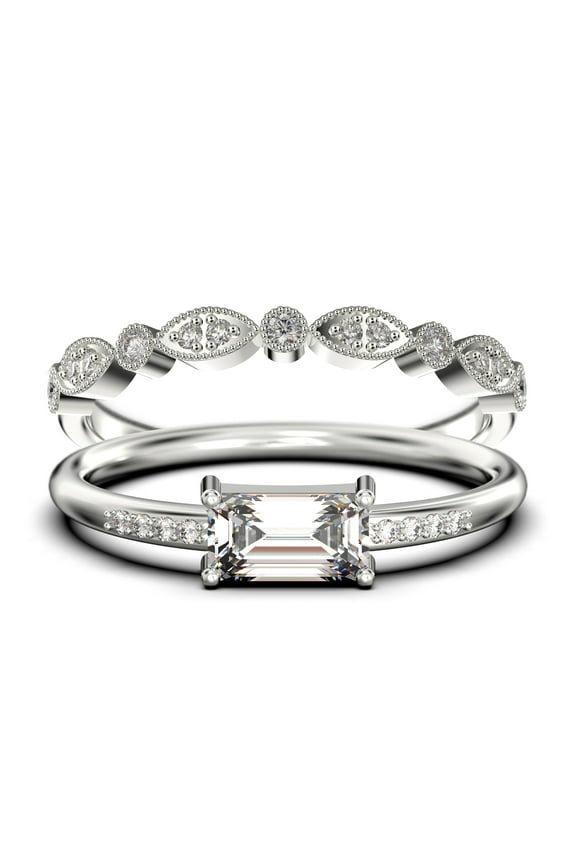 Beautiful Minimalist 1.45 Carat Emerald Cut Diamond Moissanite Engagement Ring, Wedding Ring, One Matching Band in Silver With 18k White Gold Plating, Gift For Her, Promise Ring