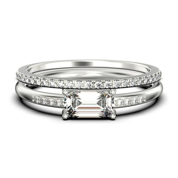 Beautiful Minimalist 1.45 Carat Emerald Cut Diamond Moissanite Engagement Ring, Wedding Ring, One Matching Band in Silver With 18k White Gold Plating, Gift For Her, Promise Ring