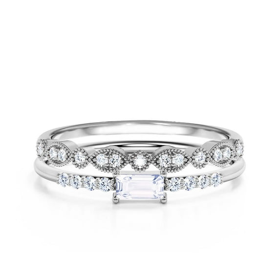 Beautiful Minimalist 1.45 Carat Emerald Cut Diamond Moissanite Engagement Ring, Wedding Ring, One Matching Band in Silver With 18k White Gold Plating, Gift For Her, Promise, Anniversary Ring