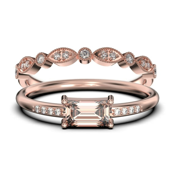 Beautiful Minimalist 1.45 Carat Emerald Cut Morganite And Diamond Moissanite Engagement Ring, Wedding Ring, One Matching Band in 10k Solid Rose Gold, Gift For Her, Promise Ring, Anniversary Ring