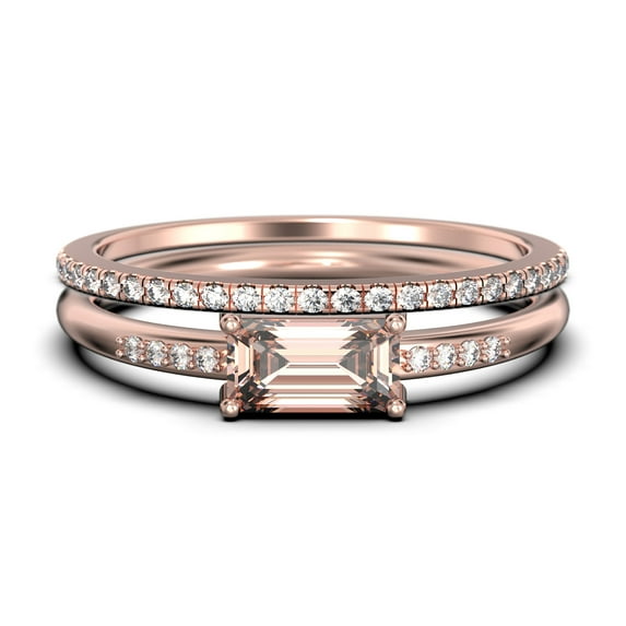 Beautiful Minimalist 1.45 Carat Emerald Cut Morganite And Diamond Moissanite Engagement Ring, Wedding Ring, One Matching Band in Silver With 18k Rose Gold Plating, Gift For Her, Anniversary Ring