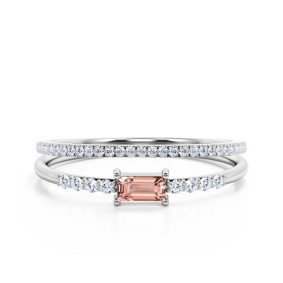 Beautiful Minimalist 1.45 Carat Emerald Cut Morganite And Diamond Moissanite Engagement Ring, Wedding Ring, One Matching Band in Silver With 18k White Gold Plating, Gift For Her, Promise Ring