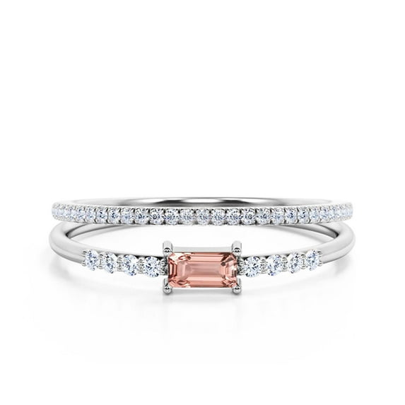 Beautiful Minimalist 1.45 Carat Emerald Cut Morganite And Diamond Moissanite Engagement Ring, Wedding Ring, One Matching Band in Silver With 18k White Gold Plating, Gift For Her, Promise Ring