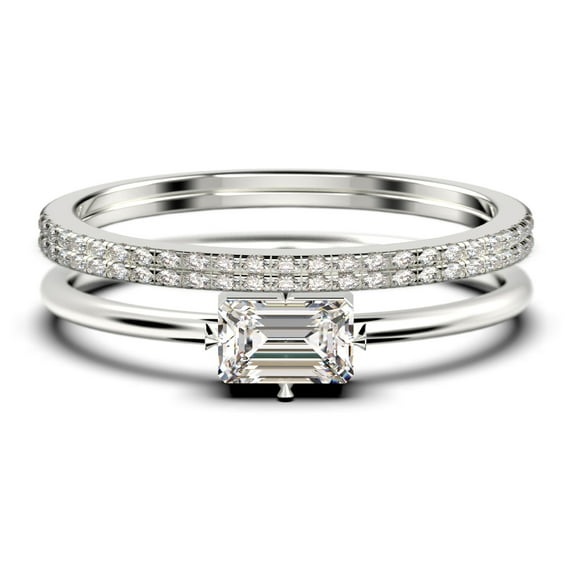Beautiful Minimalist 1.70 Carat Baguette Cut Diamond Moissanite Engagement Ring, Classic Wedding Ring in 925 Sterling Silver With 18k White Gold Plating, Trio Set, Matching Band