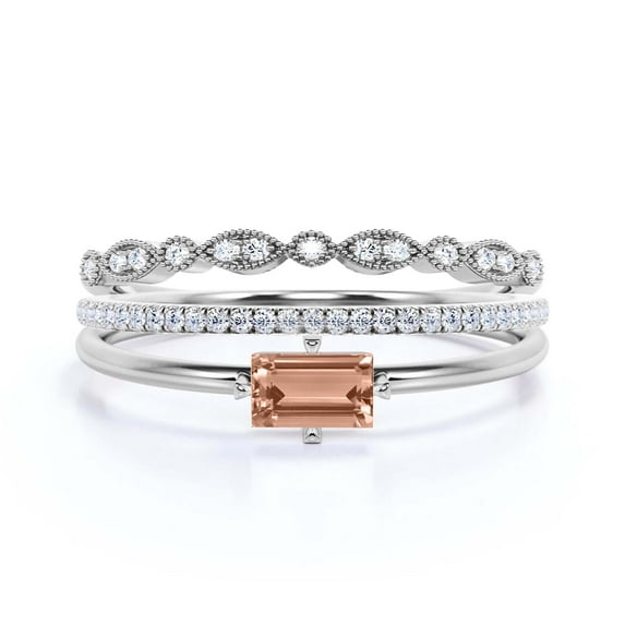 Beautiful Minimalist 1.70 Carat Baguette Cut Morganite And Diamond Moissanite Engagement Ring, Classic Wedding Ring in 925 Sterling Silver With 18k White Gold Plating, Trio Set, Matching Band