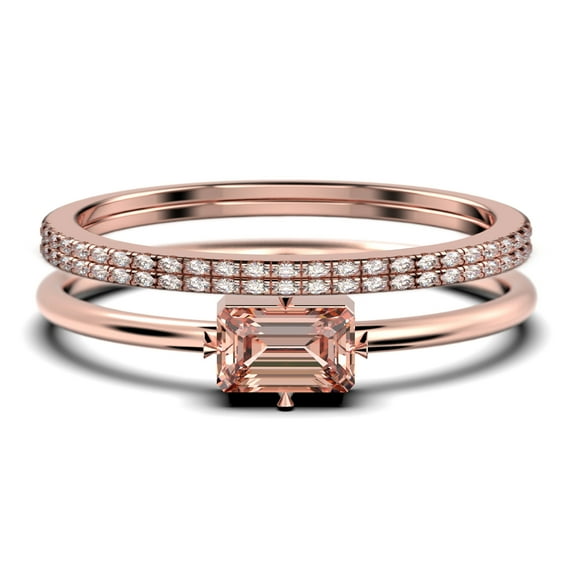 Beautiful Minimalist 1.70 Carat Baguette Cut Morganite And Diamond Moissanite Engagement Ring, Classic Wedding Ring in10k Solid Rose Gold, Gift For Her, Anniversary Ring, Trio Set, Matching Band