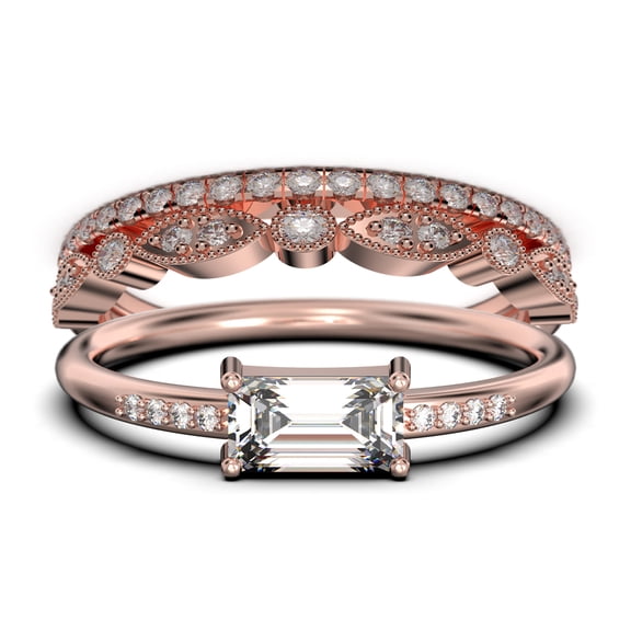 Beautiful Minimalist 1.95 Carat Emerald Cut Diamond Moissanite Engagement Ring, Wedding Ring, Two Matching Band in 10k Solid Rose Gold, Gift For Her, Promise Ring, Anniversary Ring