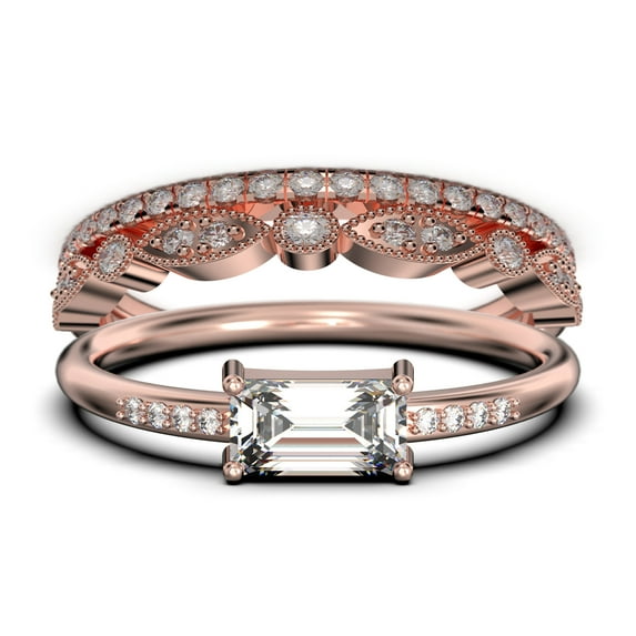 Beautiful Minimalist 1.95 Carat Emerald Cut Diamond Moissanite Engagement Ring, Wedding Ring, Two Matching Band in 10k Solid Rose Gold, Gift For Her, Promise Ring, Anniversary Ring