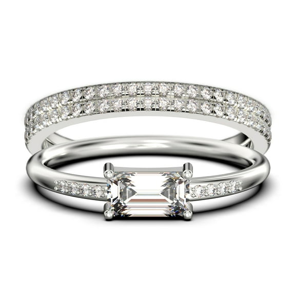 Beautiful Minimalist 1.95 Carat Emerald Cut Diamond Moissanite Engagement Ring, Wedding Ring, Two Matching Band in Silver With 18k White Gold Plating, Gift For Her, Anniversary Ring