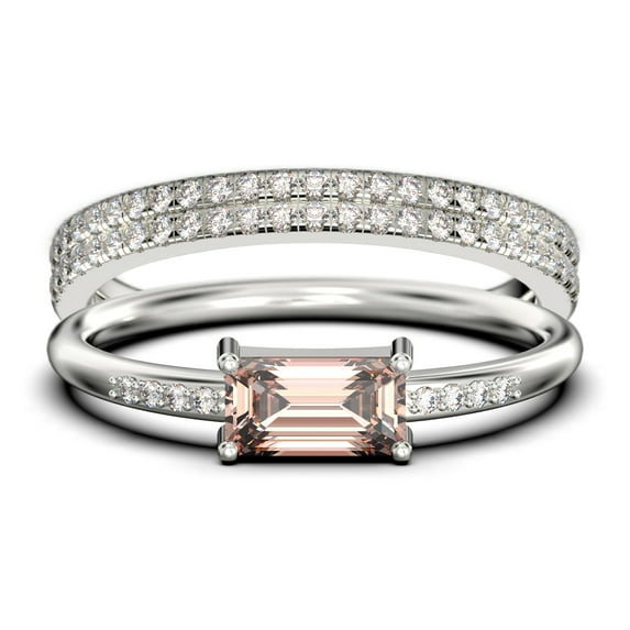 Beautiful Minimalist 1.95 Carat Emerald Cut Morganite And Diamond Moissanite Engagement Ring, Wedding Ring, Two Matching Band In Silver With 18K White Gold Plating, Gift For Her, Anniversary Ring