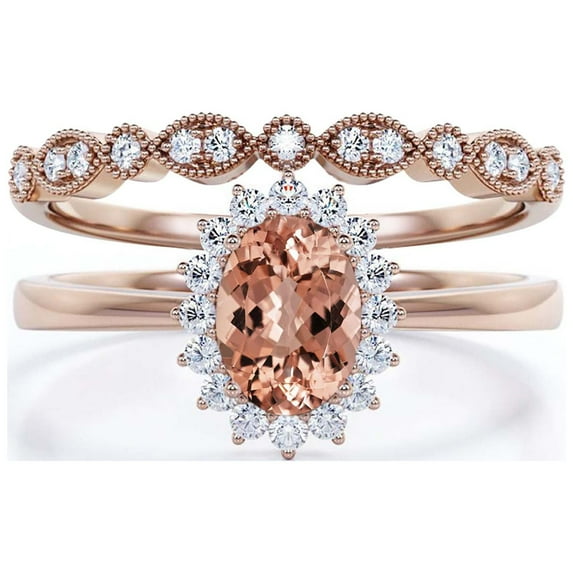 Beautiful Minimalist 2.00 Carat Oval Cut Morganite And Diamond Moissanite Engagement Ring, Classic Halo Wedding Ring, One Matching Band in 10k Solid Rose Gold Band, Gift For Her, Promise Ring