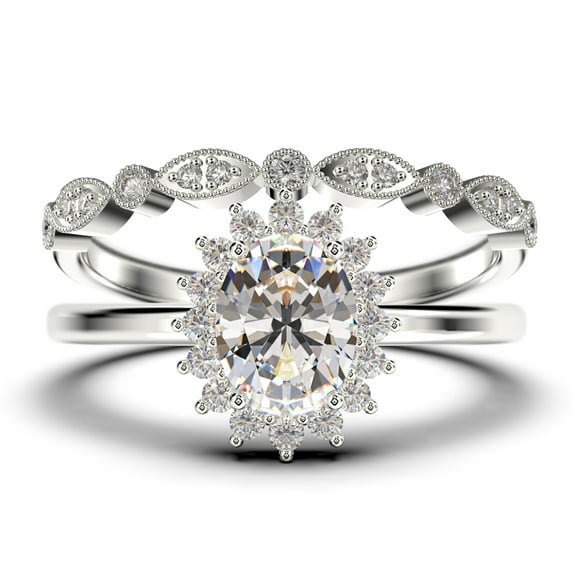 Beautiful Minimalist 2.00 Carat Oval Diamond Moissanite Engagement Ring, Halo Wedding Ring, One Matching Band in 925 Sterling Silver With Plain 18k White Gold Plating Band Gift For Her
