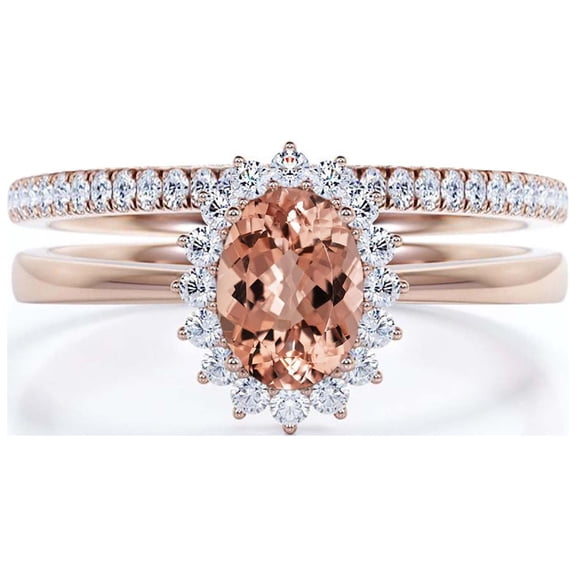 Beautiful Minimalist 2.00 Carat Oval Morganite And Diamond Moissanite Engagement Ring, Halo Wedding Ring, One Matching Band in 925 Sterling Silver With Plain 18k Rose Gold Plating Band Gift For Her