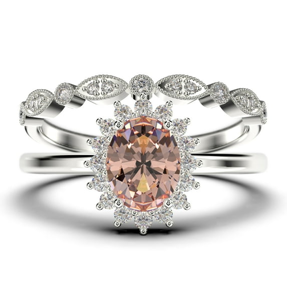 Beautiful Minimalist 2.00 Carat Oval Morganite And Diamond Moissanite Engagement Ring, Halo Wedding Ring, One Matching Band in 925 Sterling Silver With Plain 18k White Gold Plating Band Gift For Her