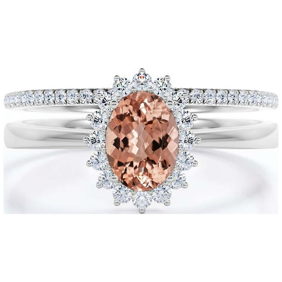 Beautiful Minimalist 2.00 Carat Oval Morganite And Diamond Moissanite Engagement Ring, Halo Wedding Ring, One Matching Band in 925 Sterling Silver With Plain 18k White Gold Plating Band Gift For Her