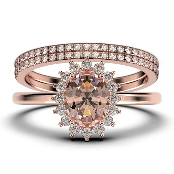 Beautiful Minimalist 2.50 Carat Oval Cut Morganite And Diamond Moissanite Engagement Ring, Classic Halo Wedding Ring, Two Matching Band in 10k Solid Rose Gold Band, Gift For Her, Promise Ring