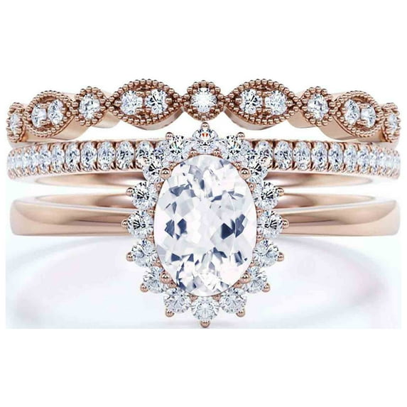 Beautiful Minimalist 2.50 Carat Oval Diamond Moissanite Engagement Ring, Halo Wedding Ring, Two Matching Band in 925 Sterling Silver With Plain 18k Rose Gold Plating Band Gift For Her, Promise Ring