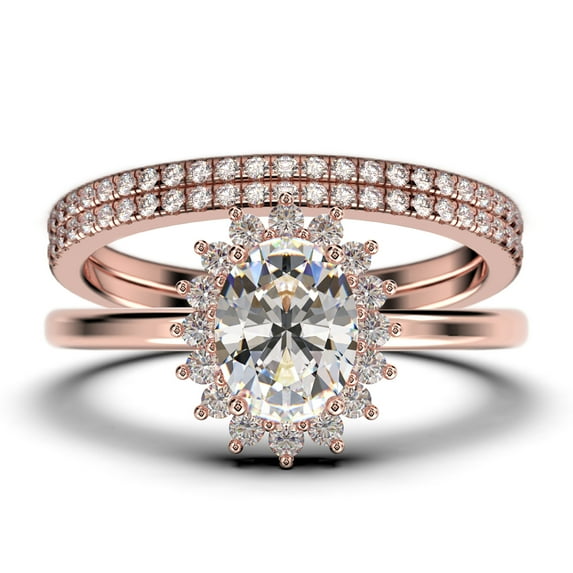 Beautiful Minimalist 2.50 Carat Oval Diamond Moissanite Engagement Ring, Halo Wedding Ring, Two Matching Band in 925 Sterling Silver With Plain 18k Rose Gold Plating Band Gift For Her