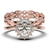 Beautiful Minimalist 2.50 Carat Oval Diamond Moissanite Engagement Ring, Halo Wedding Ring, Two Matching Band in 925 Sterling Silver With Plain 18k Rose Gold Plating Band Gift For Her
