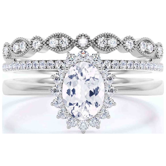 Beautiful Minimalist 2.50 Carat Oval Diamond Moissanite Engagement Ring, Halo Wedding Ring, Two Matching Band in 925 Sterling Silver With Plain 18k White Gold Plating Band Gift For Her, Promise Ring