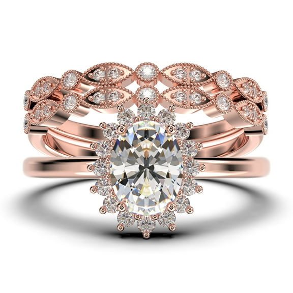 Beautiful Minimalist 2.50 Carat Oval Diamond Moissanite Engagement Ring, Halo Wedding Ring, Two Matching Band In 925 Sterling Silver With Plain 18K Rose Gold Plating Band Gift For Her