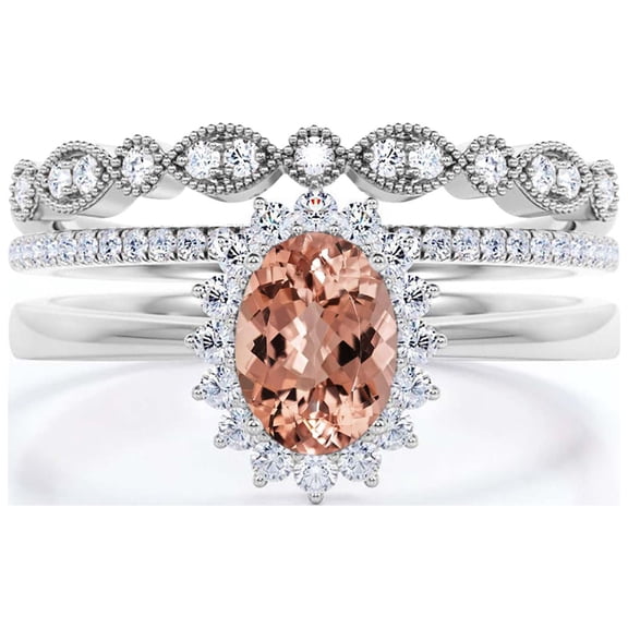 Beautiful Minimalist 2.50 Carat Oval Morganite And Diamond Moissanite Engagement Ring, Halo Wedding Ring, Two Matching Band in 925 Sterling Silver With Plain 18k White Gold Plating Band Gift For Her