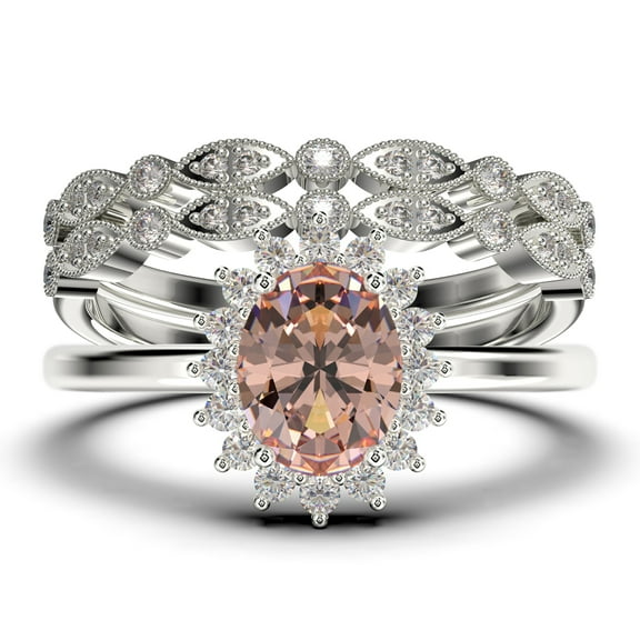 Beautiful Minimalist 2.50 Carat Oval Morganite And Diamond Moissanite Engagement Ring, Halo Wedding Ring, Two Matching Band in 925 Sterling Silver With Plain 18k White Gold Plating Band Gift For Her