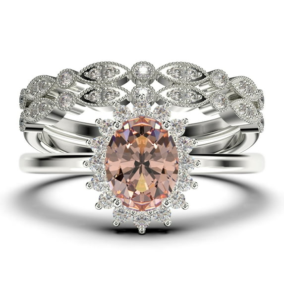 Beautiful Minimalist 2.50 Carat Oval Morganite And Diamond Moissanite Engagement Ring, Halo Wedding Ring, Two Matching Band in 925 Sterling Silver With Plain 18k White Gold Plating Band Gift For Her