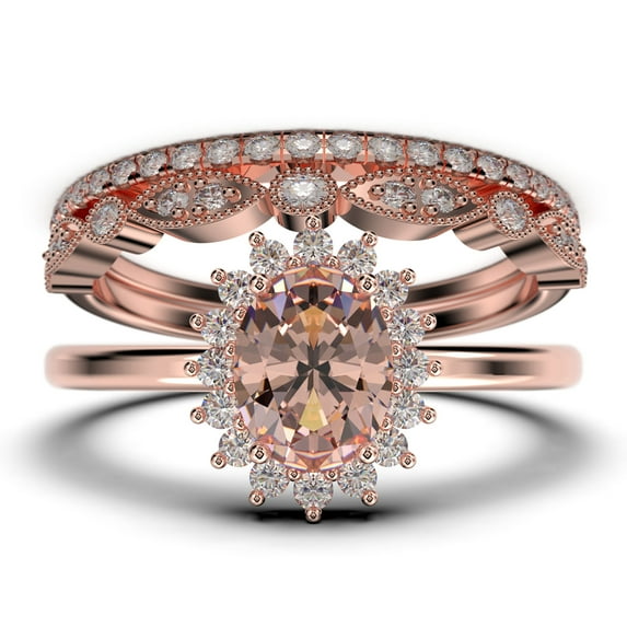 Beautiful Minimalist 2.50 Carat Oval Morganite And Diamond Moissanite Engagement Ring, Halo Wedding Ring, Two Matching Band in 925 Sterling Silver With Plain 18k Rose Gold Plating Band Gift For Her