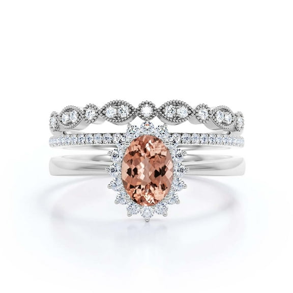 Beautiful Minimalist 2.50 Carat Oval Morganite And Diamond Moissanite Engagement Ring, Halo Wedding Ring, Two Matching Band In 925 Sterling Silver With Plain 18K White Gold Plating Band Gift For Her