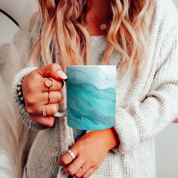 Beautiful Modern Teal Blue and White Painting Ceramic Mug, Blue Coffee Cup, Gift Her, Dishwasher , Microwave , oz & oz.