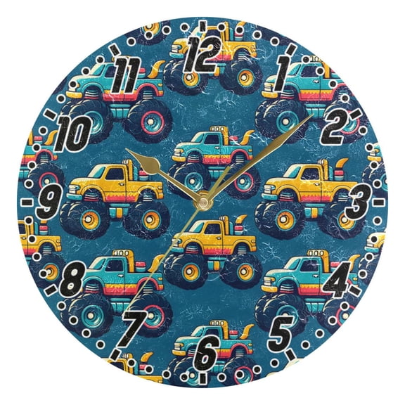 Beautiful Monster Trucks Car Round Wall Clock Battery Operated Silent Non-Ticking Bedroom Office Kitchen Home School Decor 10"(Gold)