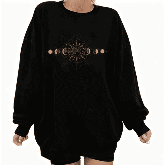 Beautiful Moon Phase Celestial Graphic Comfortable Tee T-Shirt Print Top Round-neck long-sleeved Black S-3XL