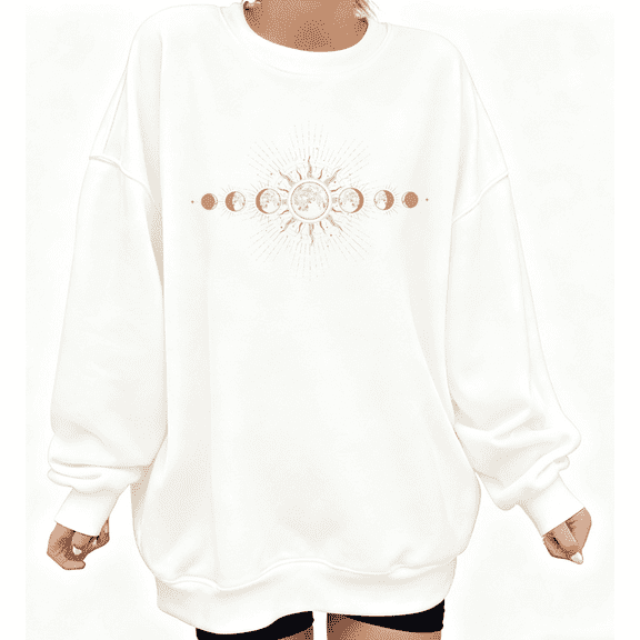 Beautiful Moon Phase Celestial Graphic Tee T-Shirt Print Top Trendy Round-neck long-sleeved white S-3XL