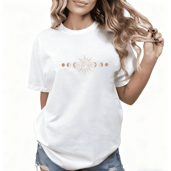 Women Beautiful Moon Phase Celestial Graphic Tee T-Shirt Print Top Short Sleeve Round Neck White S-5XL
