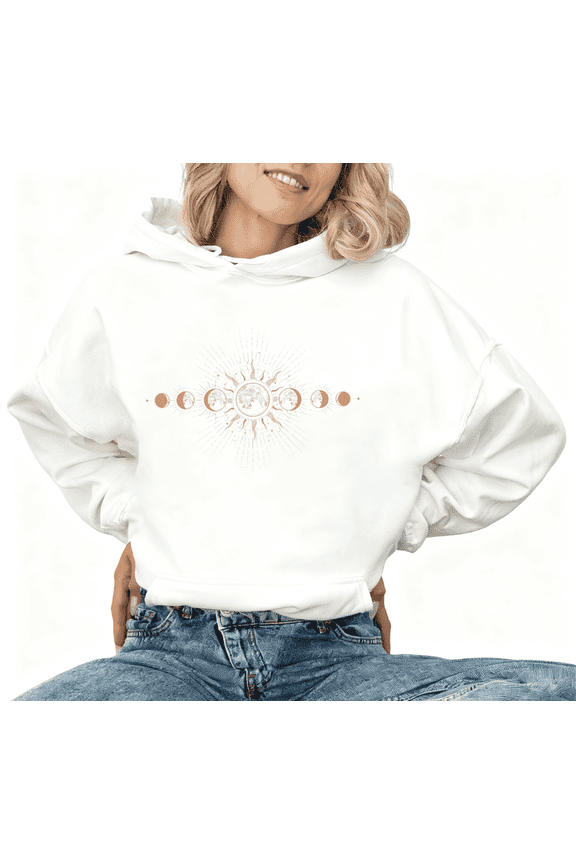 Beautiful Moon Phase Celestial Graphic Tee T-Shirt Print Top Cotton Hooded long-sleeved White S-2XL