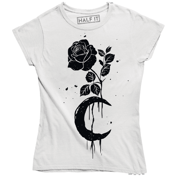 Beautiful Moon Rose Drawing Tattoo Art Graphic Design Women' T-Shirt