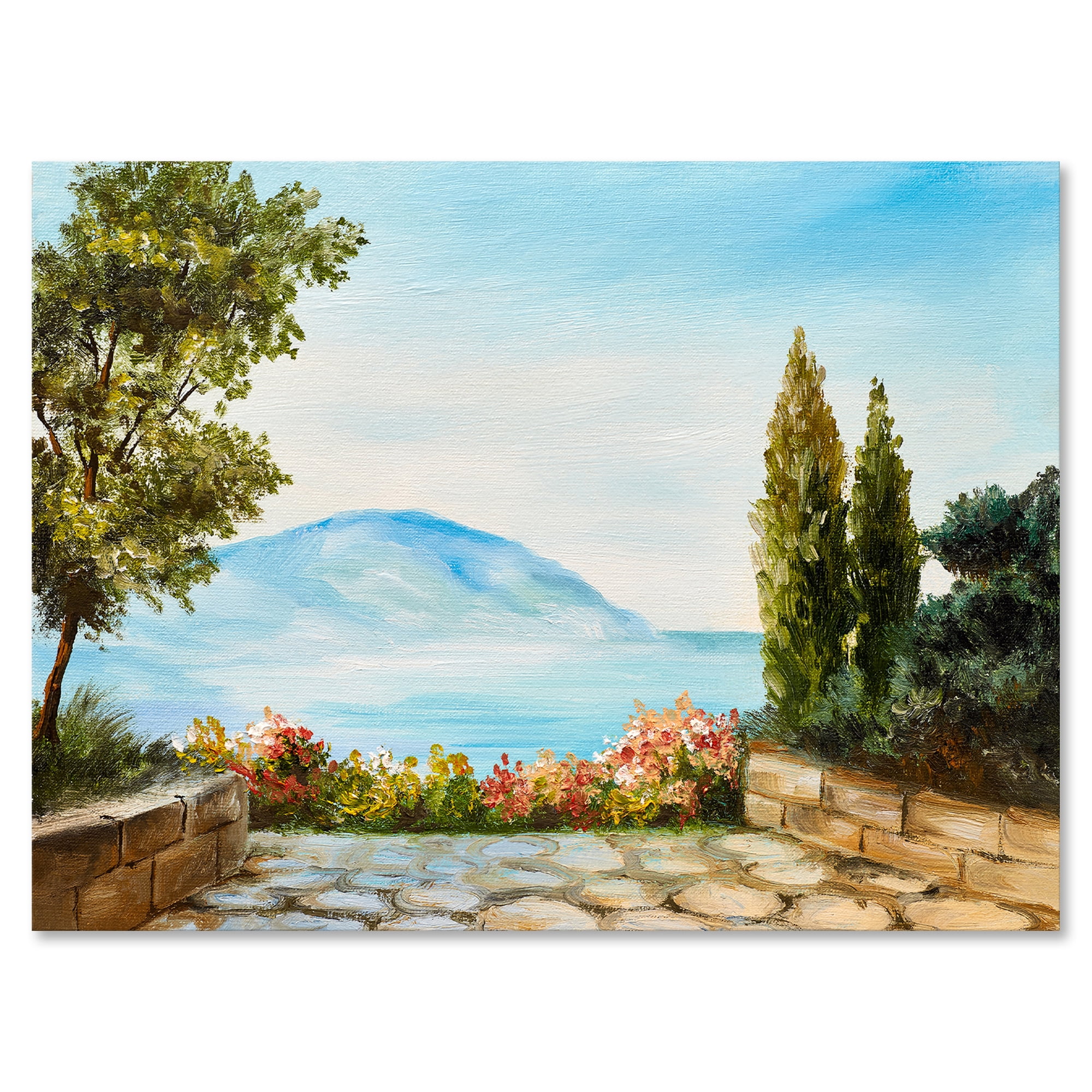 Beautiful Mountains View By The Sea Side 32 in x 16 in Painting Canvas Art Print, by Designart
