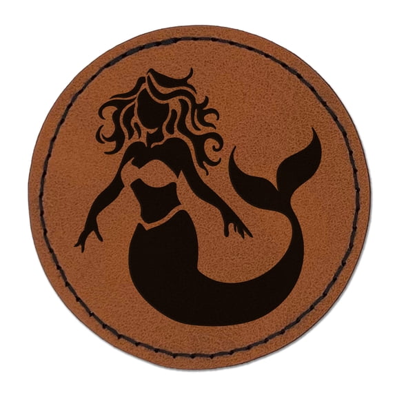 Beautiful Mythological Mermaid 2.5" Faux Leather Round Engraved Iron-On Patch - Brown