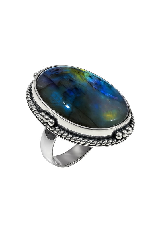 Beautiful Natural Blue Fire Labradorite Cabochon Gemstone 925 Sterling Silver Handmade Unique Designer Ethnic Tribal Gypsy Boho Style Fashion Ring for Women Men