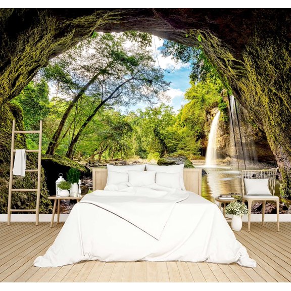 Beautiful Nature Wallpaper Forest Landscapes 3D Space cave Scenery Waterfall Bedroom Woodland Decor Living Room tv Background Large Wall Mural Office Jungle - 91"x65" Not Peel and Stick