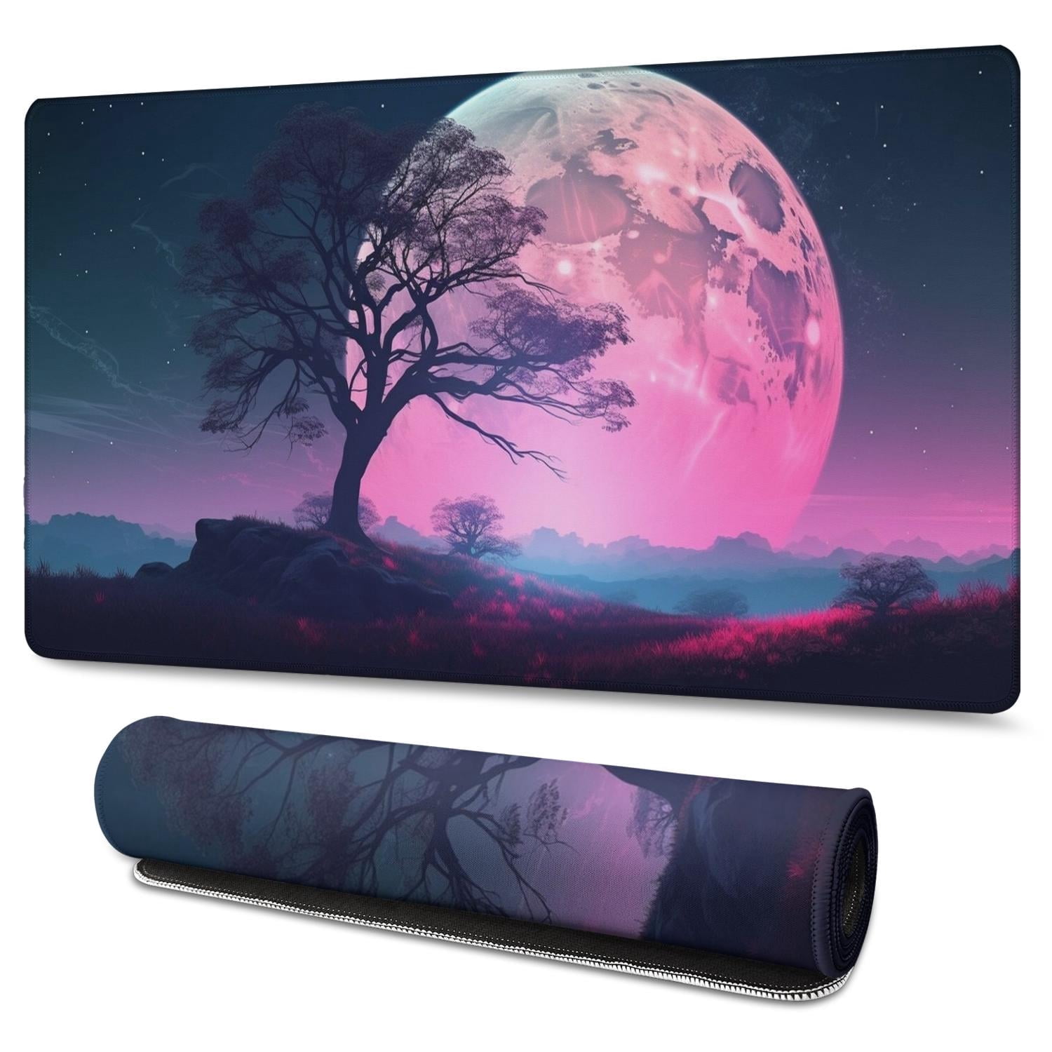 Beautiful Night Sky Moon and Tree Gaming Mouse Mat, Rectangle 3XL Extra Large Mouse Pad 47.3 X 23.6 InchesNon-Slip Rubber Gaming Mouse Pad with Stitched Edges, Office Mouse Pad for Women Men Kids
