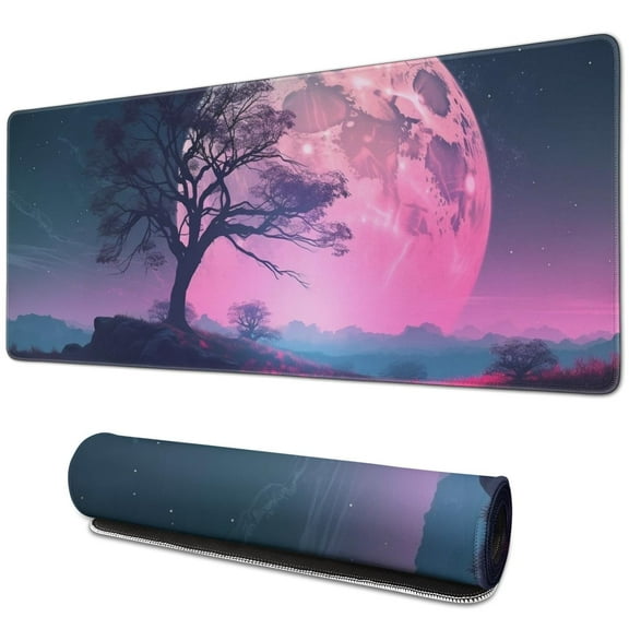 Beautiful Night Sky Moon and Tree Gaming Mouse Mat, Rectangle Large Non-Slip Rubber Gaming Mouse Pad with Stitched Edges, Office Mouse Pad for Women Men Kids, 31.5x11.8in