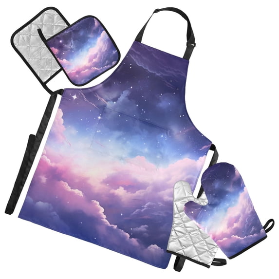 Beautiful Night Sky with Cloud 5 Pcs Kitchen Set Heat Resistant Oven Mitts and Non-Slip Pot Holders with Adjustable Cooking Apron