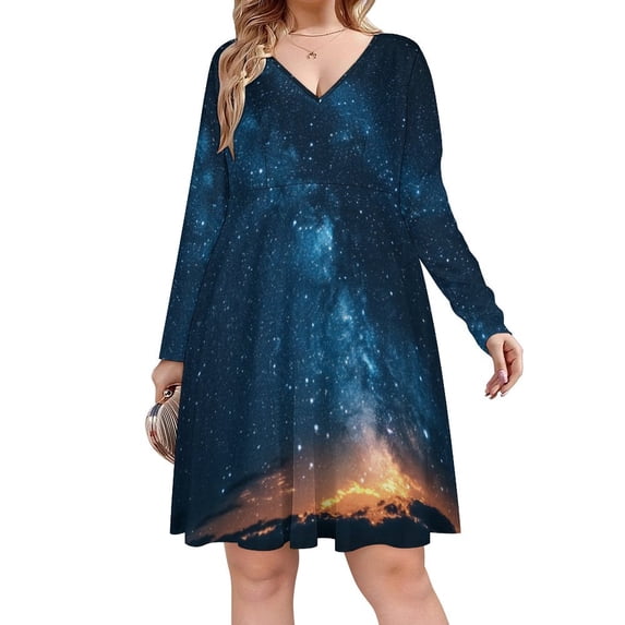 Beautiful Northern Lights Long Sleeve Dresses For Women Vintage Elegant Party Dress Oversized V-neck Dress S-8XL
